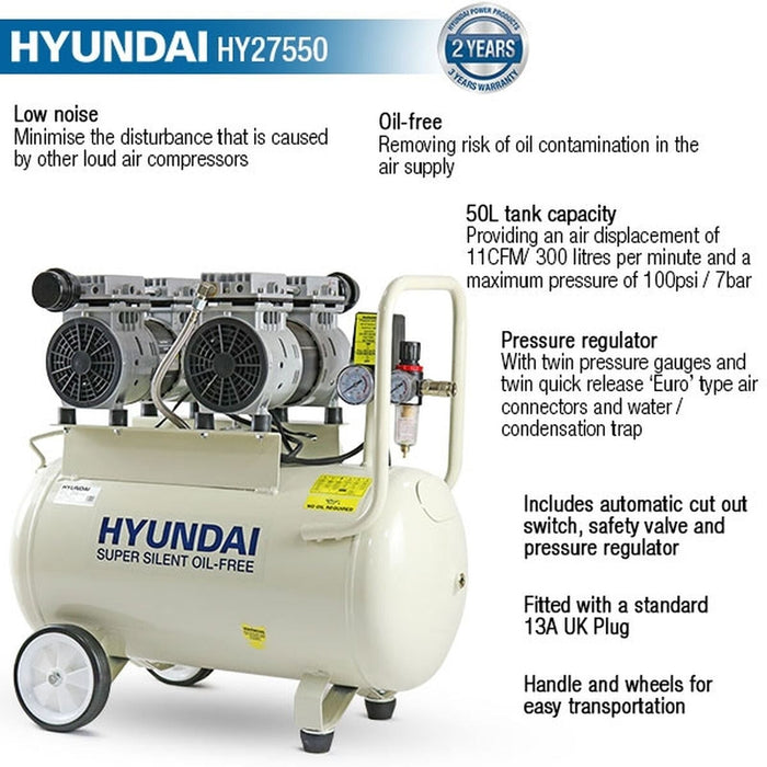 Hyundai 50 Litre Air Compressor, 11CFM/100psi, Oil Free, Low Noise, Electric 2hp