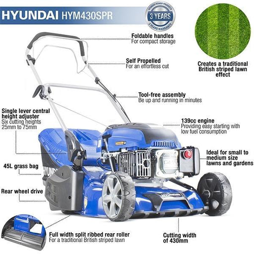 Hyundai Self-Propelled Petrol Roller Lawnmower | Hyundai 17"/43cm 139cc | 3 Year Platinum Warranty