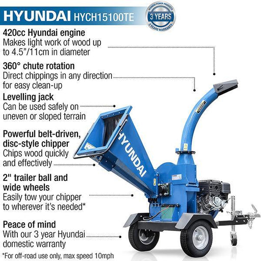 Hyundai Petrol Wood Chipper with Electric-Start Engine | Hyundai 420cc 4.5 | 3 Year Platinum Warranty