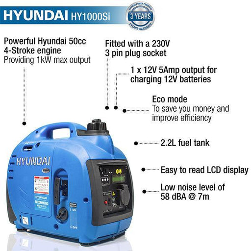 Hyundai Portable Petrol Inverter Generator | Hyundai 1000W | 3 Year Platinum Warranty