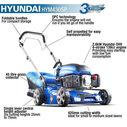 Hyundai Self-Propelled Petrol Lawnmower | Hyundai 17"/43cm 139cc | 3 Year Platinum Warranty