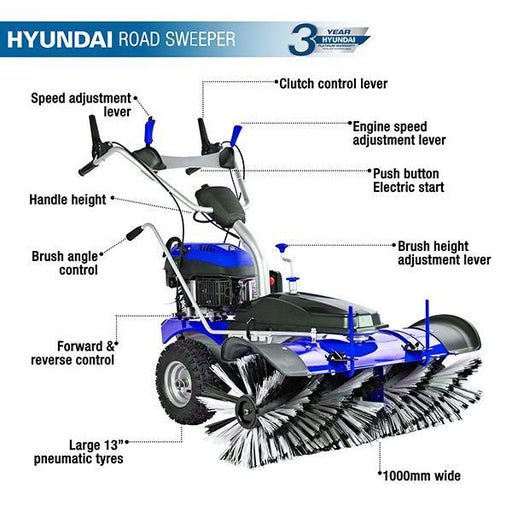 Hyundai Self Propelled Petrol Yard Sweeper Powerbrush | Hyundai 100cm 173cc | 1 Year Platinum Warranty